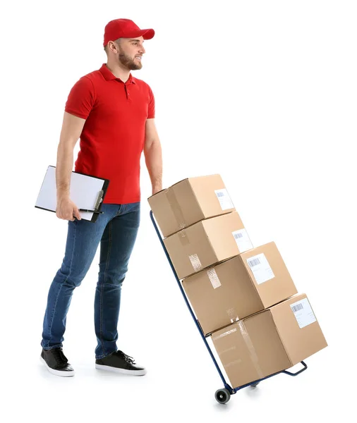 Handsome delivery man with boxes on white background — Stock Photo, Image