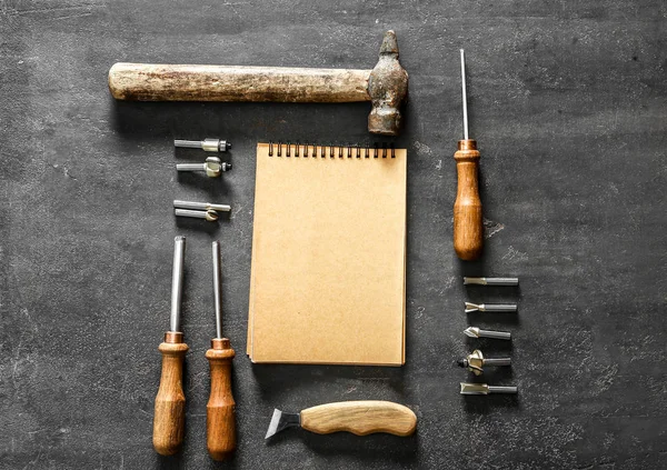 Set of carpenter's tools on grey background — Stock Photo, Image