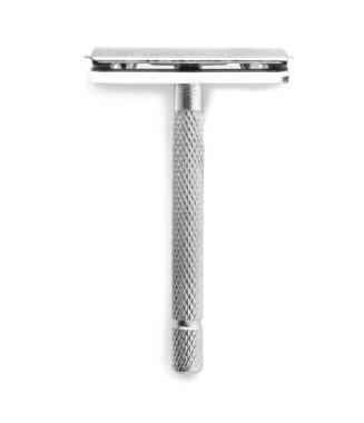 Beyaz arka planda paslanmaz çelik jilet. Sıfır atık kavramı