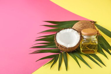 Renk arkaplanında hindistan cevizi yağı içeren bileşim