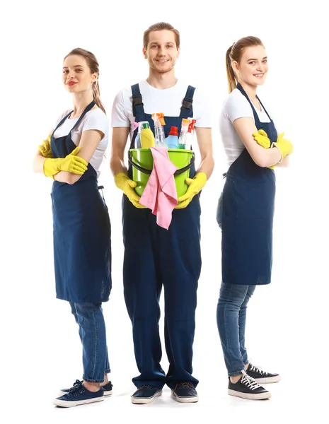 Cleaning service workers on white background — Stock Photo, Image