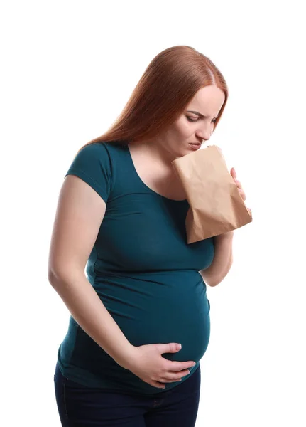 白人を背景に毒性に苦しむ若い妊婦 — ストック写真