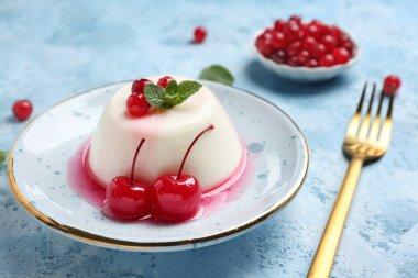 Renkli masada lezzetli panna cotta ile Tabak
