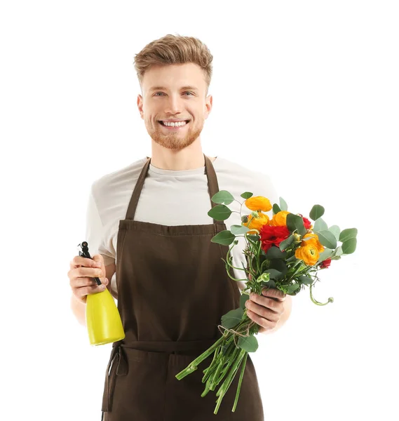 Florista guapo sobre fondo blanco — Foto de Stock