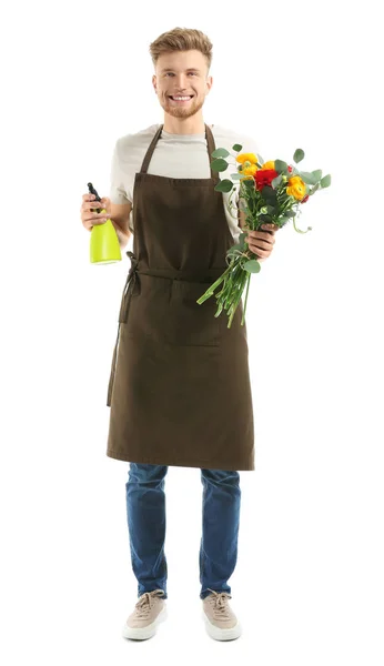 Bonito florista em fundo branco — Fotografia de Stock