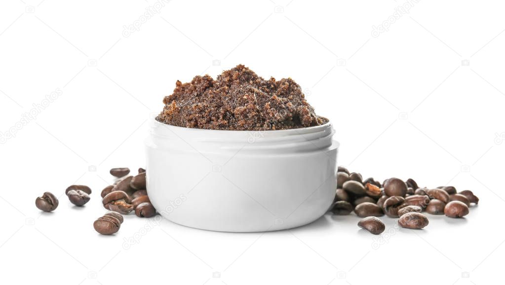 Jar with coffee body scrub on white background