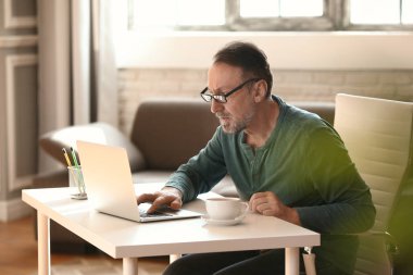 Dizüstü evde kullanma yakışıklı olgun adam