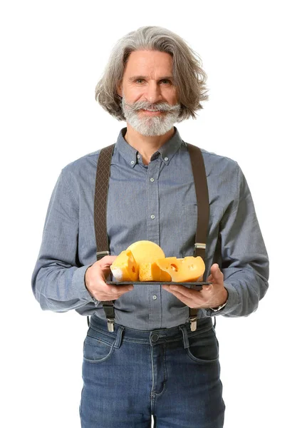 Männliche Besitzerin von Käseladen auf weißem Hintergrund — Stockfoto