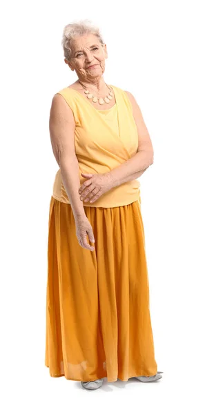 Portrét starší ženy na bílém pozadí — Stock fotografie