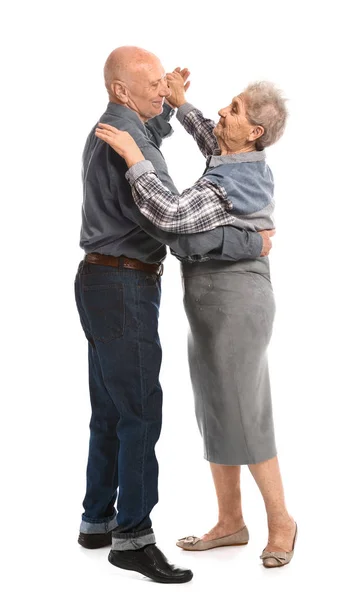 Retrato de pareja mayor bailando sobre fondo blanco —  Fotos de Stock