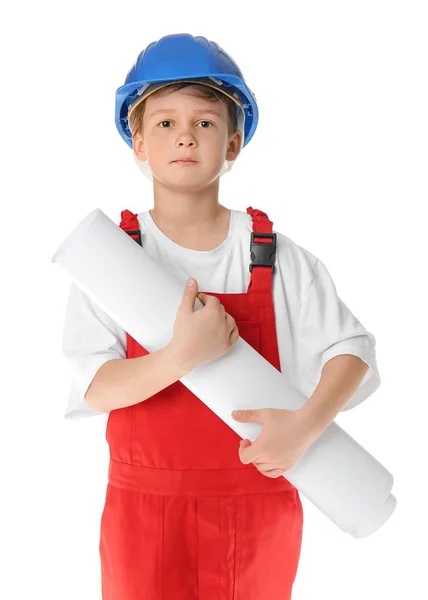 Портрет маленького инженера на белом фоне — стоковое фото