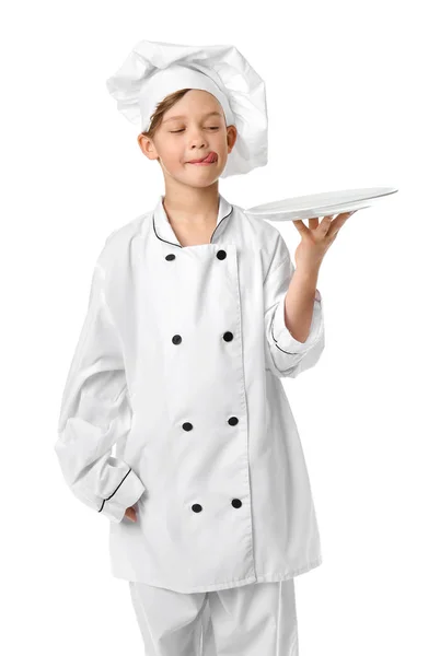 Grappige kleine chef-kok op witte achtergrond — Stockfoto