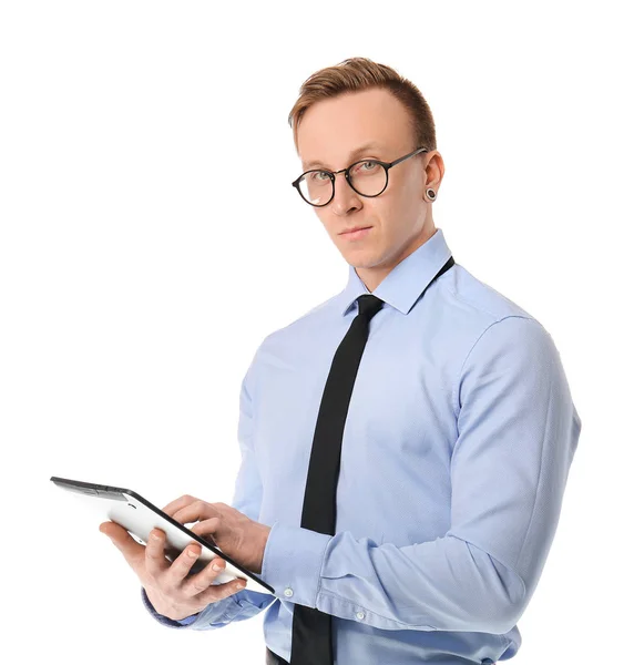 Handsome stylish businessman with tablet computer on white background — Stock Photo, Image