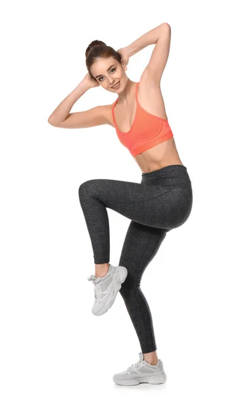 Sporty woman training on white background — Stock Photo, Image