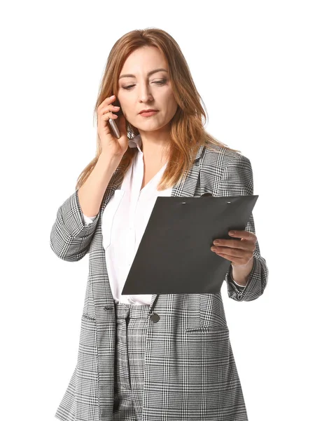 Portrait of mature businesswoman talking by phone on white background — Stock Photo, Image