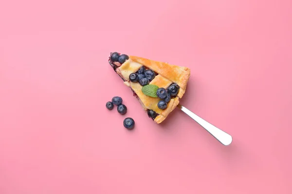 Darab ízletes áfonyás pite színes háttér — Stock Fotó