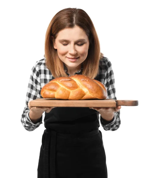 Bäckerin mit Gebäck auf weißem Hintergrund — Stockfoto