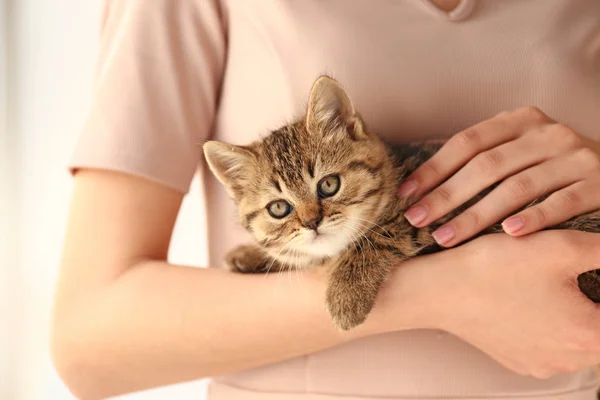 Woman with cute funny kitten at home — Stock Photo, Image