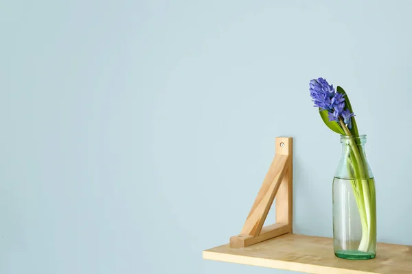 Bottle with beautiful hyacinth flowers on shelf — Stock Photo, Image