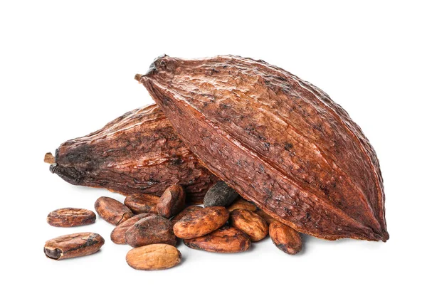 Cialde di cacao con fagioli su sfondo bianco — Foto Stock