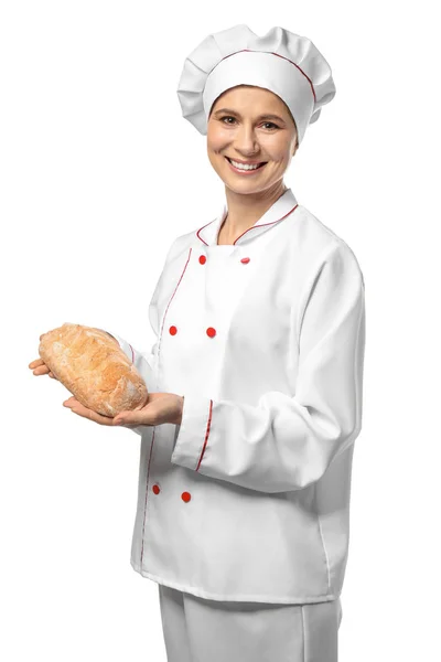 Bäckerin mit Brot auf weißem Hintergrund — Stockfoto