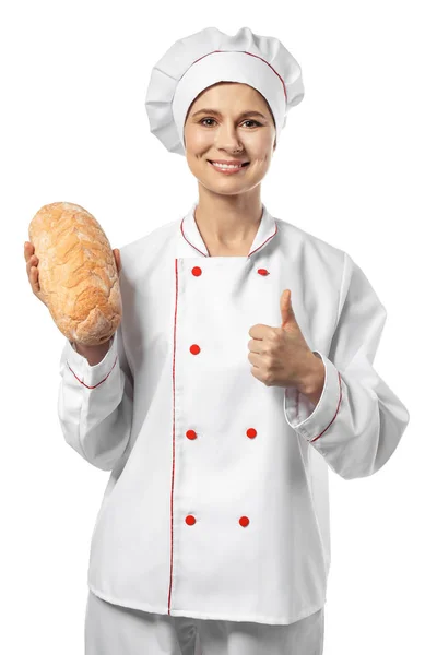 Bäckerin mit Brot zeigt Daumen-hoch-Geste auf weißem Hintergrund — Stockfoto