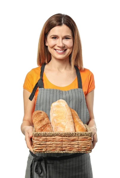 Bäckerin mit Brot auf weißem Hintergrund — Stockfoto