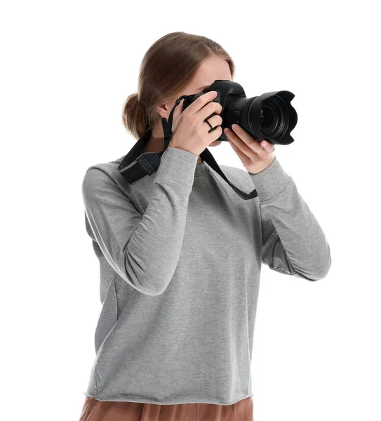 Junge Fotografin auf weißem Hintergrund — Stockfoto