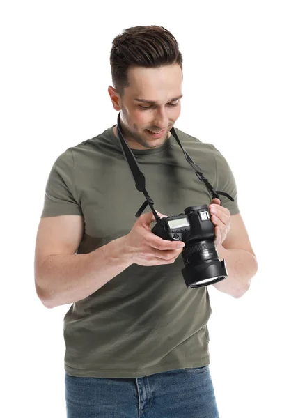 Pohledný mužský fotograf na bílém pozadí — Stock fotografie