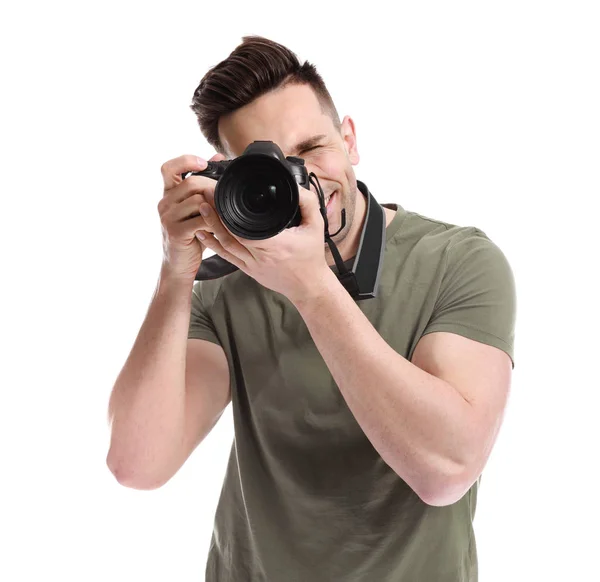 Handsome male photographer on white background — Stock Photo, Image