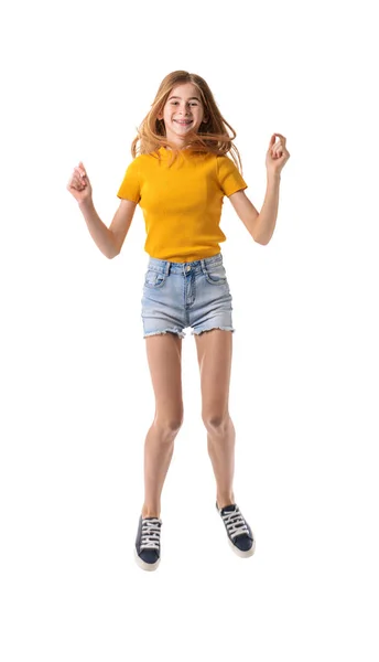 Jumping teenage girl on white background — Stock Photo, Image