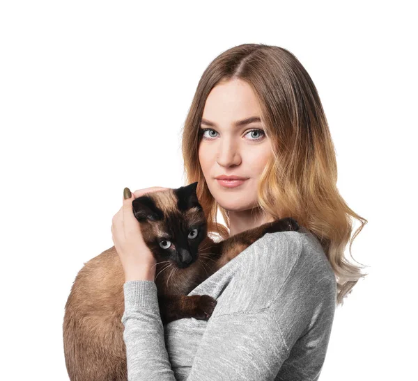 Young woman with cute Thai cat on white background — Stock Photo, Image