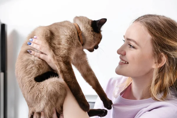 Young woman with cute Thai cat at home — Stock Photo, Image