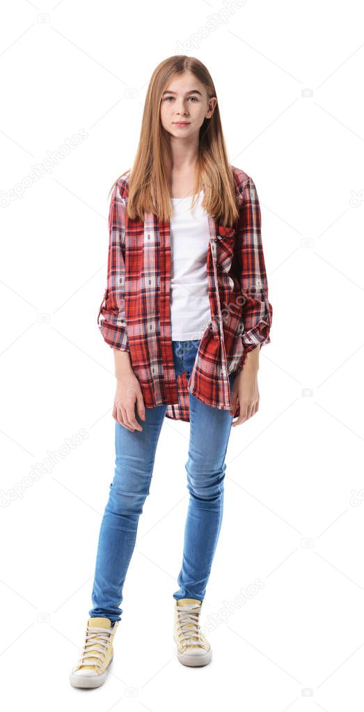 Cute teenage girl on white background