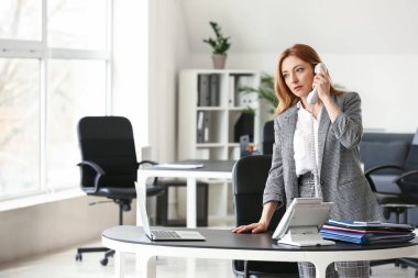 Ofiste telefonla konuşan olgun bir iş kadınının portresi.