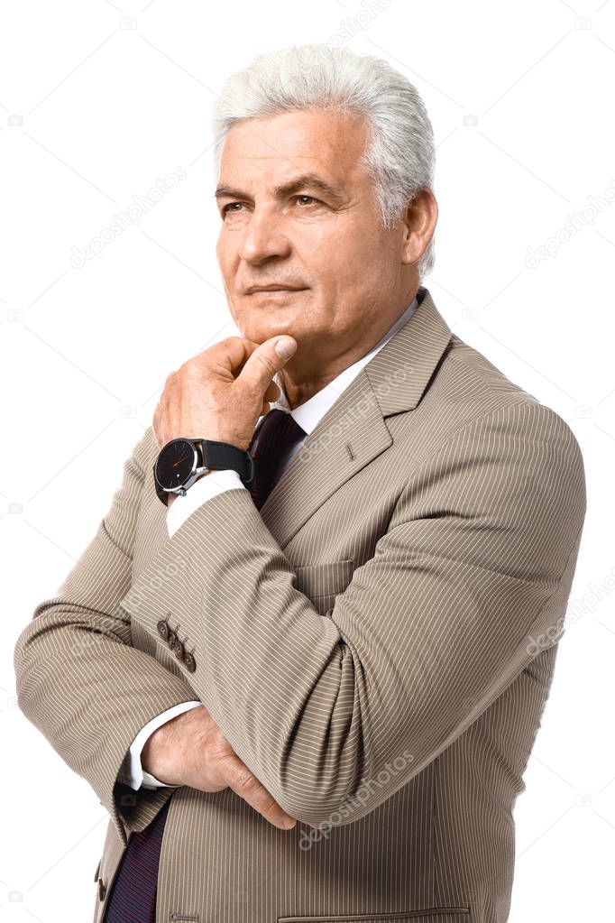 Portrait of handsome senior man on white background