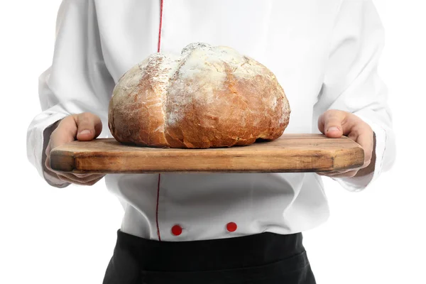 Chef with fresh bread on white background, closeup — Stock Photo, Image