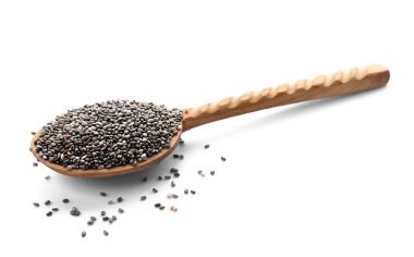 Beyaz arka planda chia tohumu ile Kaşık