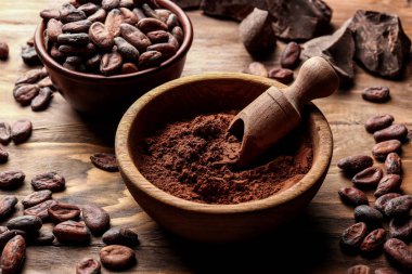 Tahta zemin üzerinde kakao tozu olan bir kase.