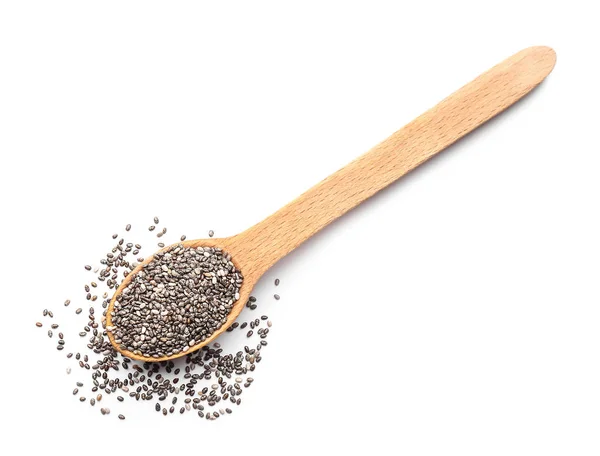 Spoon with chia seeds on white background — Stock Photo, Image