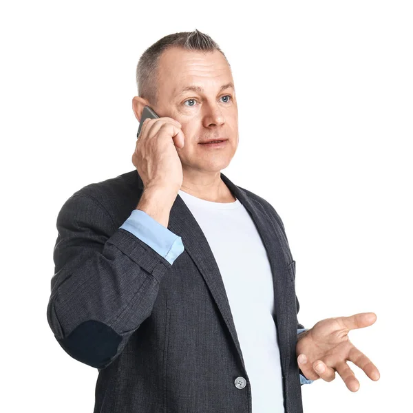 Portrait of handsome middle-aged man talking by mobile phone on white background — Stock Photo, Image