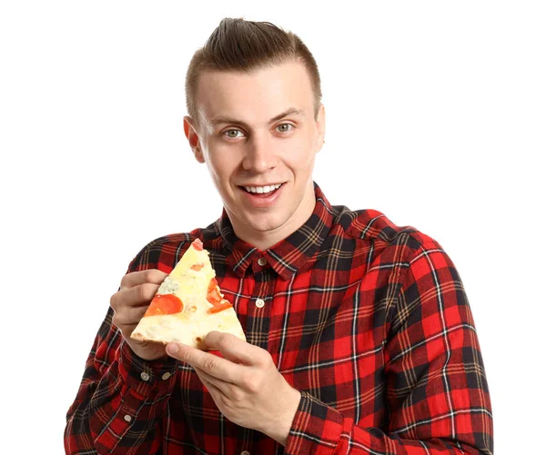 Knappe man met smakelijke pizza op witte achtergrond — Stockfoto