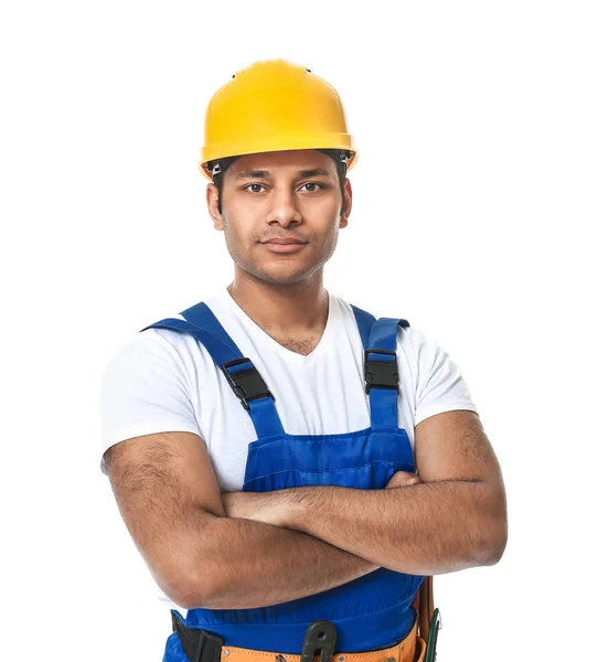 Trabalhador bonito em hardhat no fundo branco — Fotografia de Stock