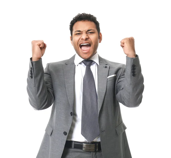 Retrato de feliz empresario exitoso sobre fondo blanco — Foto de Stock