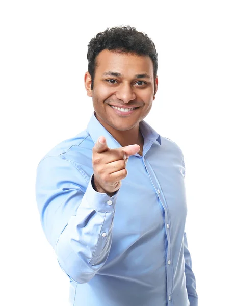 Portrait of handsome businessman pointing at viewer on white background — Stock Photo, Image