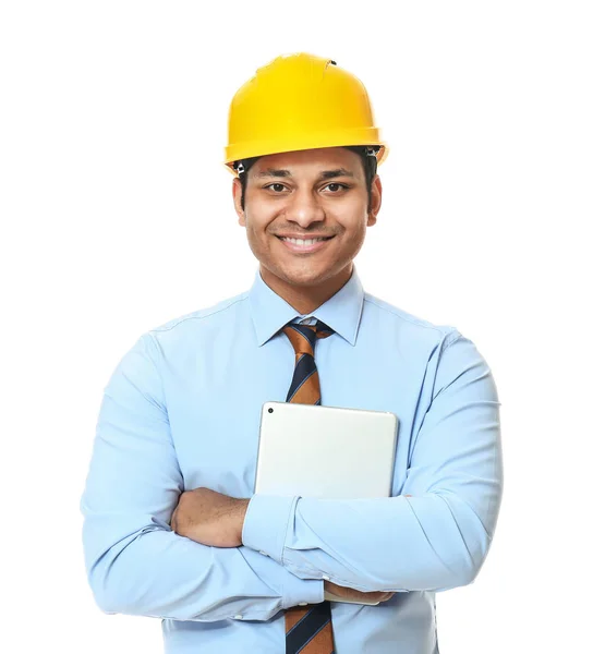 Handsome architect with tablet computer on white background — Stock Photo, Image