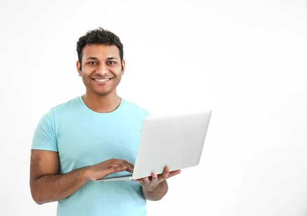 Happy man with laptop on white background — Stock Photo, Image