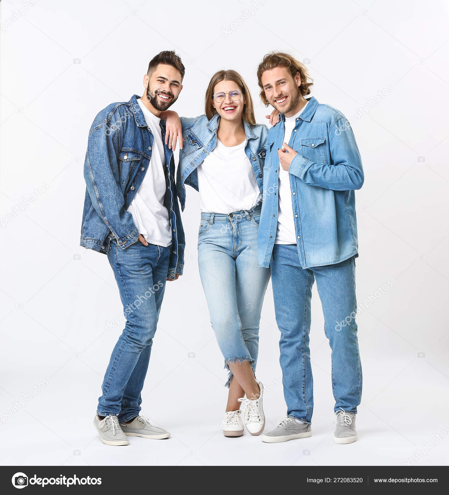 Stylish young people in jeans clothes on white background — Stock