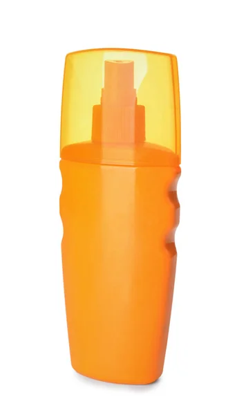 Botella de crema de protección solar sobre fondo blanco — Foto de Stock