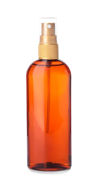 Bottle of sun protection oil on white background